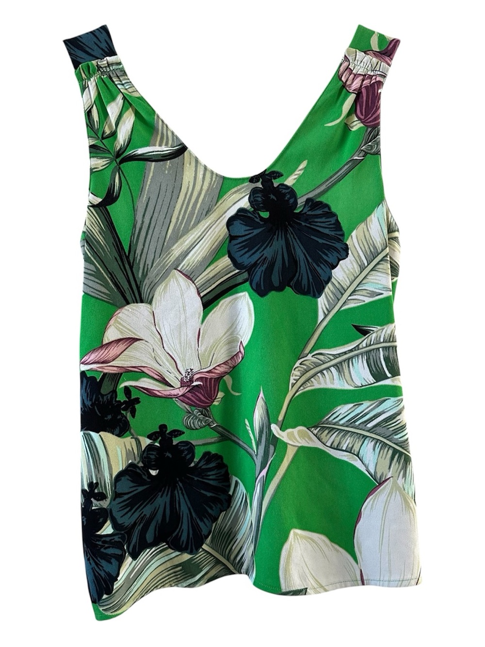 Ann Taylor Green Floral V-Neck Tank with Black and White Accents